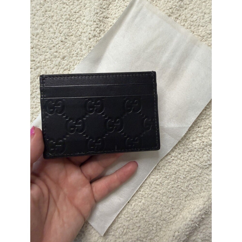 Auth Gucci GG Emblem Guccissima Black Leather Card Holder Case Wallet Unboxed